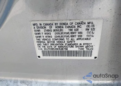 2006 Honda Ridgeline Rtl from USA, damaged, VIN 2HJYK165X6H538758